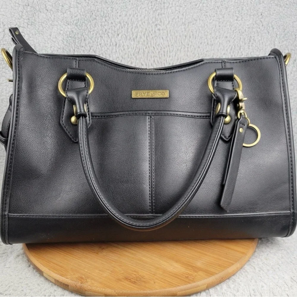 Frye and Co Core Satchel Black Faux Leather Bag w/ Gold Accents 14